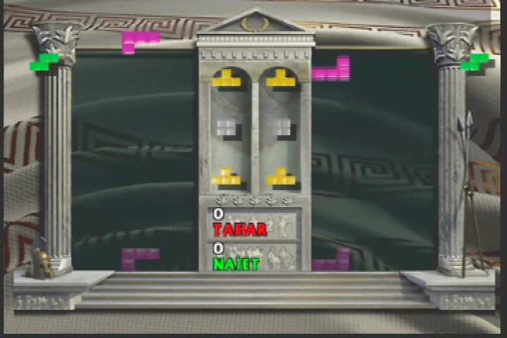 The New Tetris (Nintendo 64) screenshot: Notice the drop shadow and three piece look ahead. Also, the piece to the upper corner is a hold piece, which you can swap out with the active piece if needed.