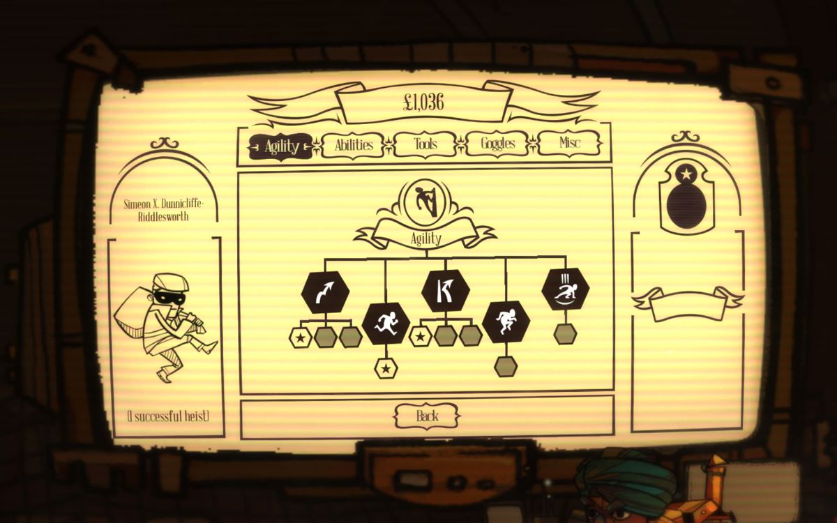 The Swindle (Windows) screenshot: The upgrade screen with the skill trees in the airship