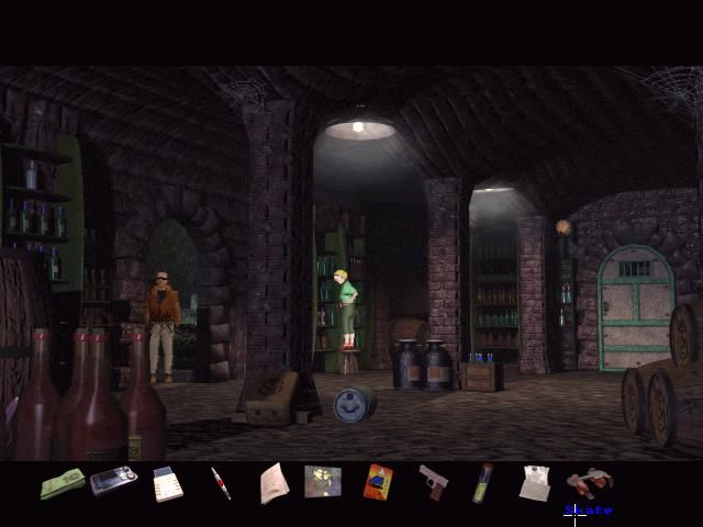 Nightlong: Union City Conspiracy (Windows) screenshot: In the wine cellar, with the game's usual logic puzzles