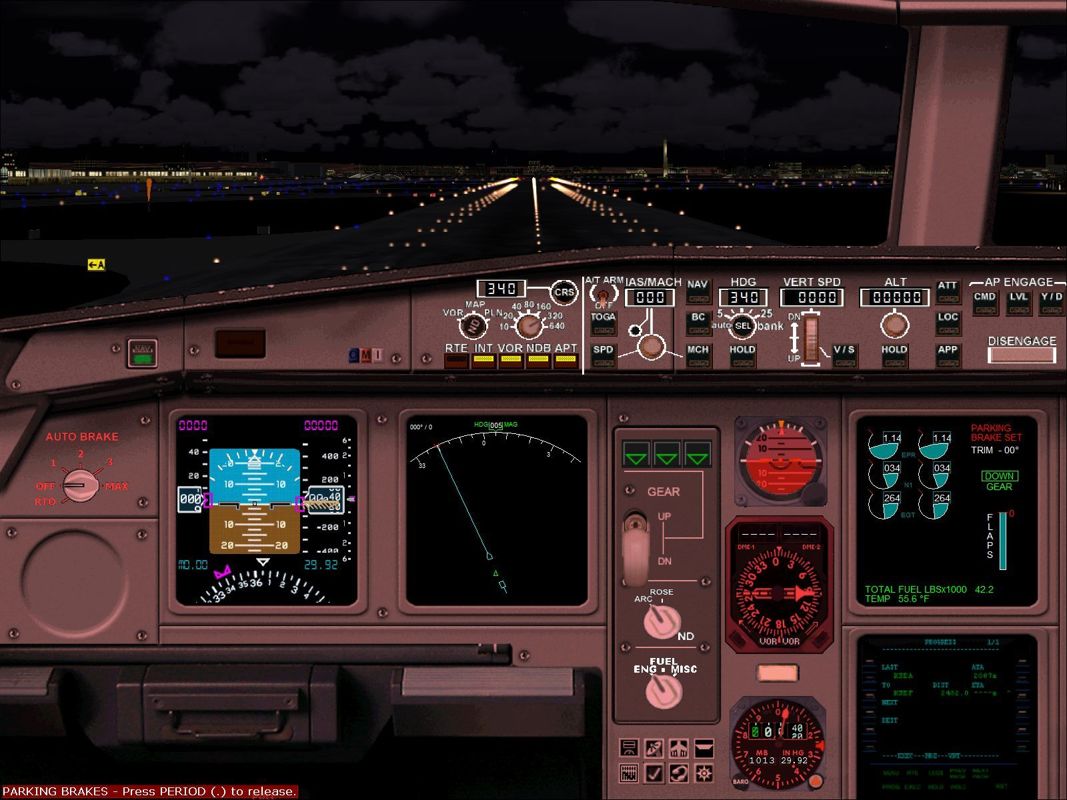 Aircraft: Collector's Edition (Windows) screenshot: This is the Airbus Industries A330 cockpit at night. All the usual views that can be accessed via the numeric keypad are present.
