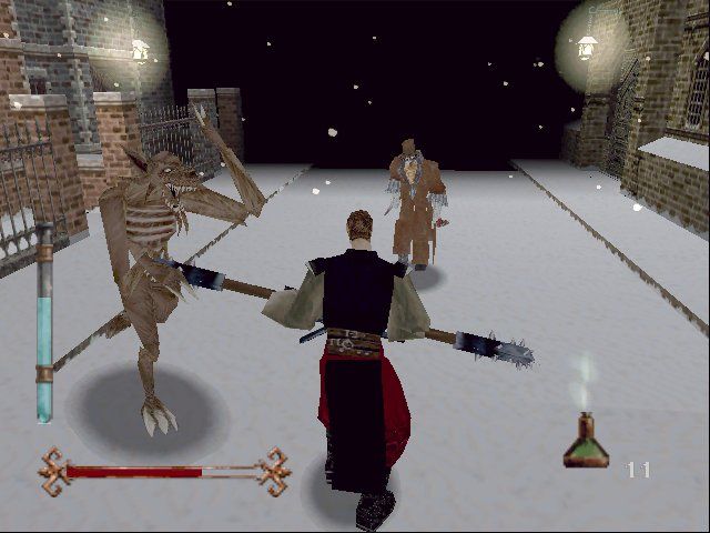 Nightmare Creatures (Windows) screenshot: Snow is falling on you, monsters are doing the same.