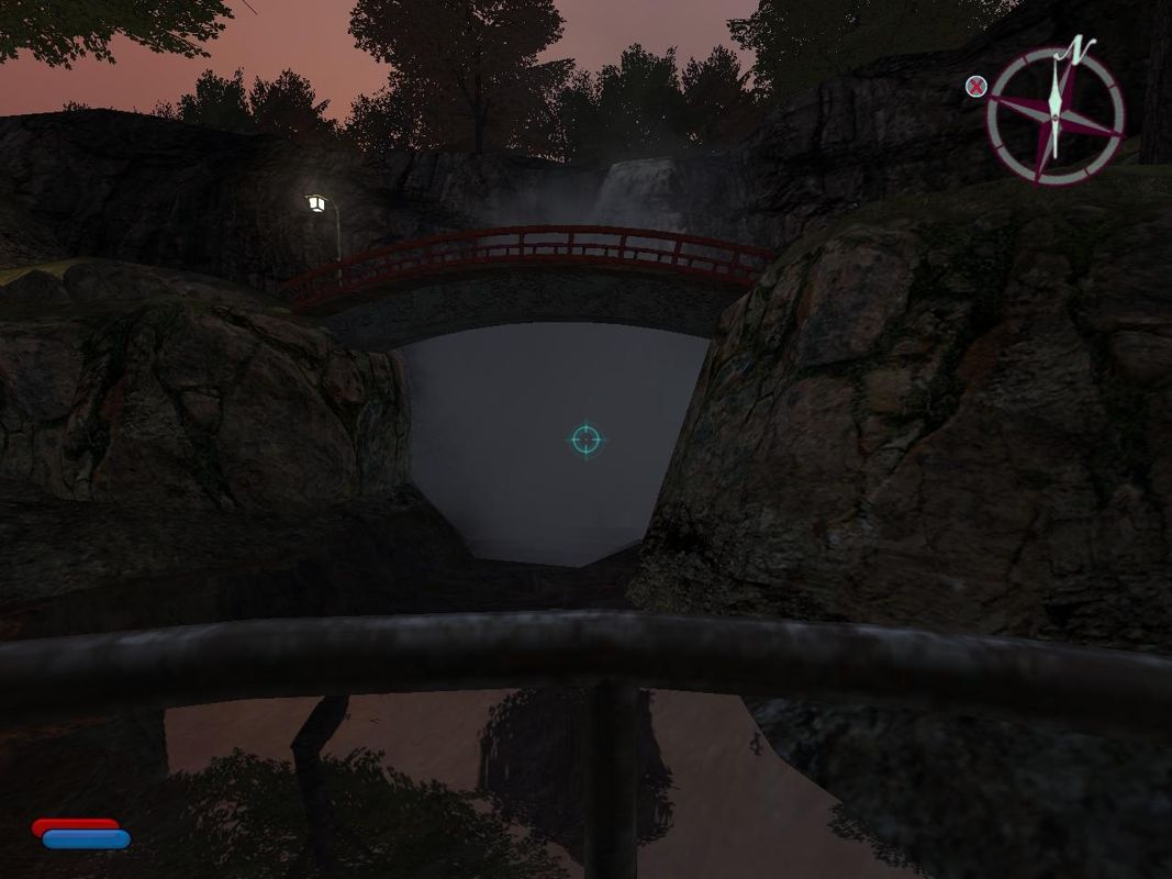 No One Lives Forever 2: A Spy in H.A.R.M.'s Way (Windows) screenshot: A bridge overlooking a waterfall on a dimly lit night.