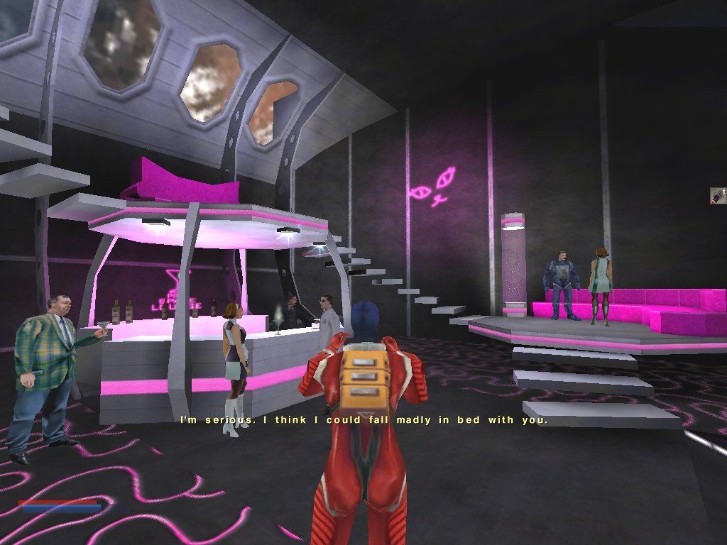 The Operative: No One Lives Forever (Windows) screenshot: Working for H.A.R.M. has its fringe benefits, such as the fully stocked space bar and lounge aboard their orbital space station (hmm... why is it that drunk in the flannel suit keeps popping up wherever it go?)