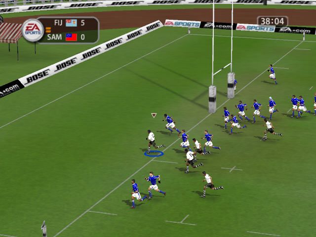 Rugby 2005 (Windows) screenshot: Fiji vs. Samoa: Caucaunibuca bursts through the Samoan defensive line to score, side camera angle.
