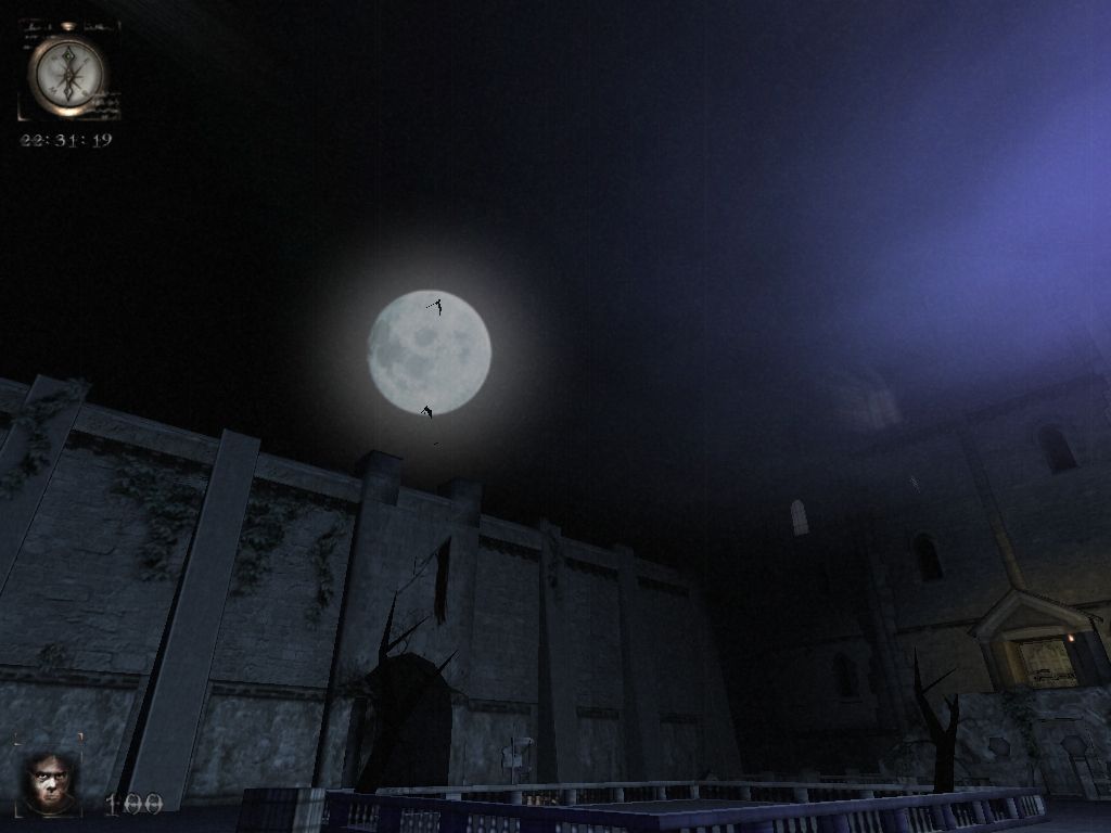 Nosferatu: The Wrath of Malachi (Windows) screenshot: Full moon w/ bats in the courtyard.