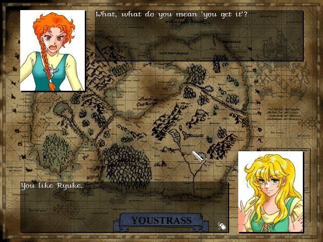 Battle of the Youstrass (Windows) screenshot: Between episodes there's banter between the characters. Here sparks fly between the two ladies. Tia 'calms' Seara by saying it's OK to be upset when Ryuke turns up with someone as cute as her.
