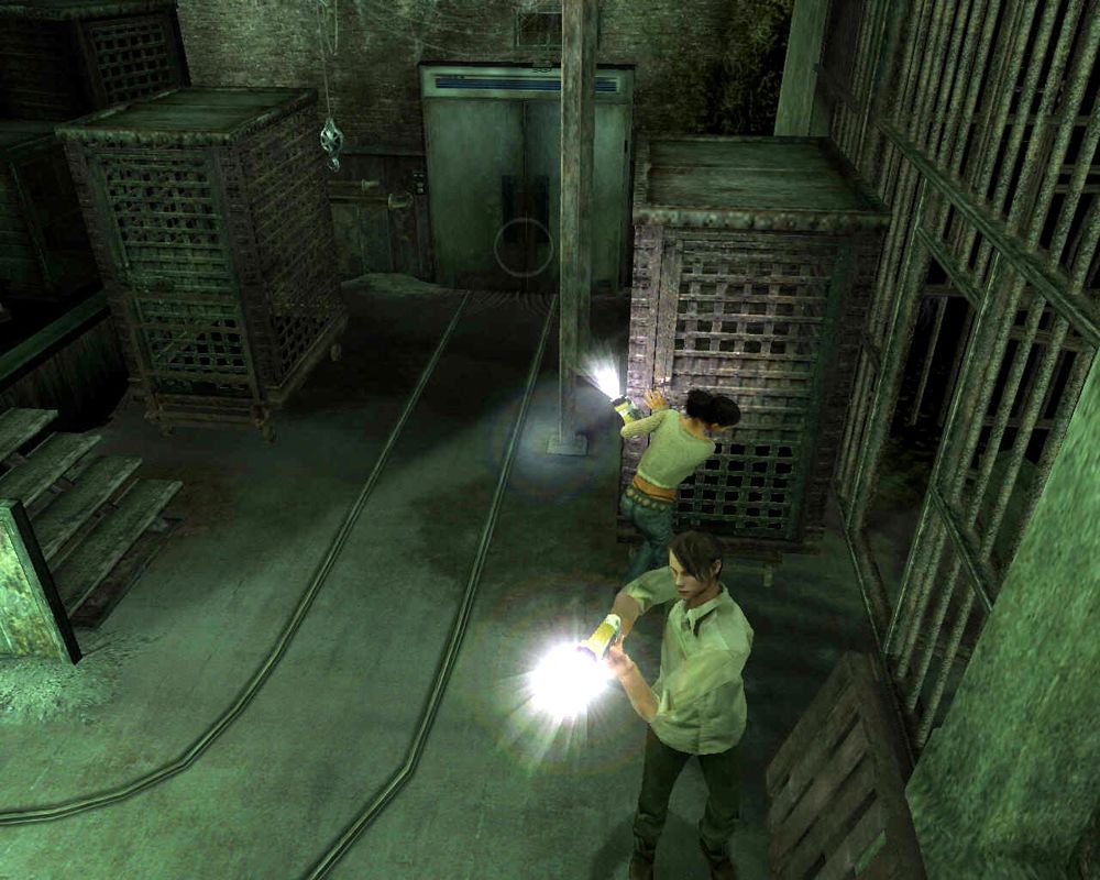 ObsCure (Windows) screenshot: The girl is pushing the heavy cage, while her companion is protecting her from monsters