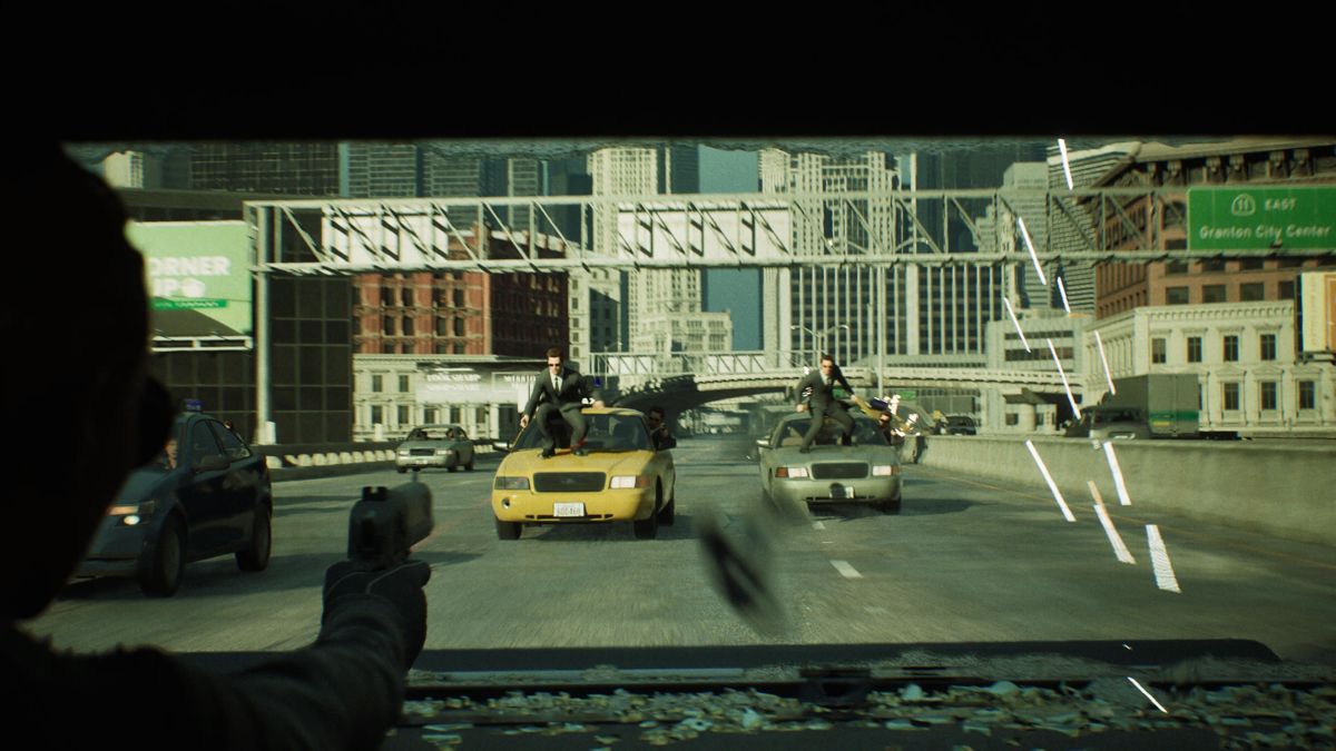 The Matrix Awakens (PlayStation 5) screenshot: Highway chase shootout