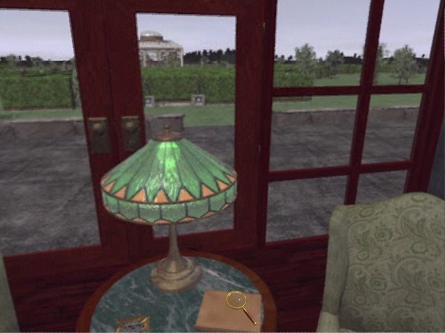 The Omega Stone: Riddle of the Sphinx II (Windows) screenshot: A view through the window of the Bathelwaite manor house. You can somewhat see the hedge maze from here.