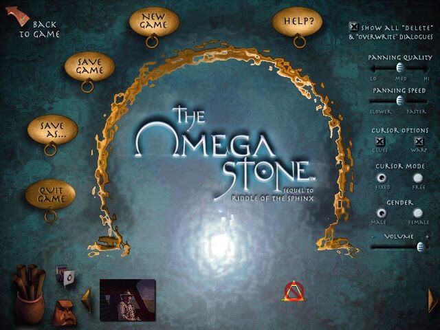 The Omega Stone: Riddle of the Sphinx II (Windows) screenshot: The Menu