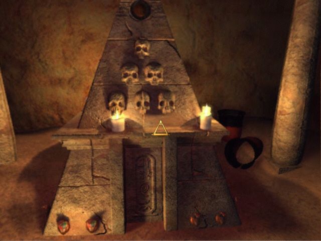 The Omega Stone: Riddle of the Sphinx II (Windows) screenshot: Your first puzzle - get the disk from atop this pyramid-shaped pillar