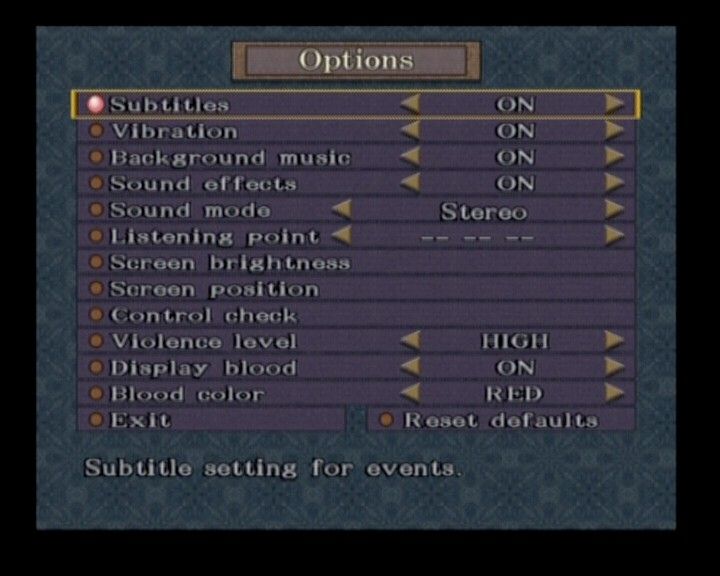 Onimusha 3: Demon Siege (PlayStation 2) screenshot: Options screen
