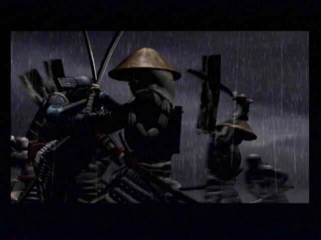 Onimusha: Warlords (PlayStation 2) screenshot: Fighting in the rain... The intro video's battle scene featured the largest number of people motion captured in any one scene up to that point.