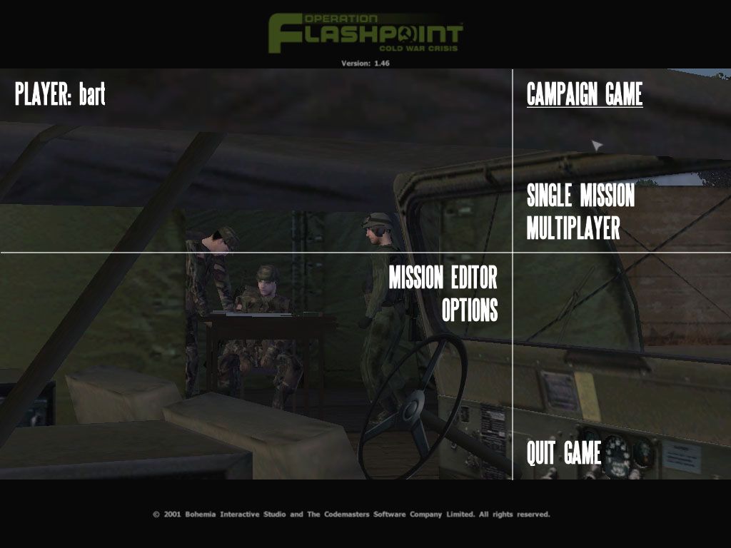 Operation Flashpoint: Cold War Crisis (Windows) screenshot: The main menu plays a short realtime-rendered cinematic showing some interesting activity.