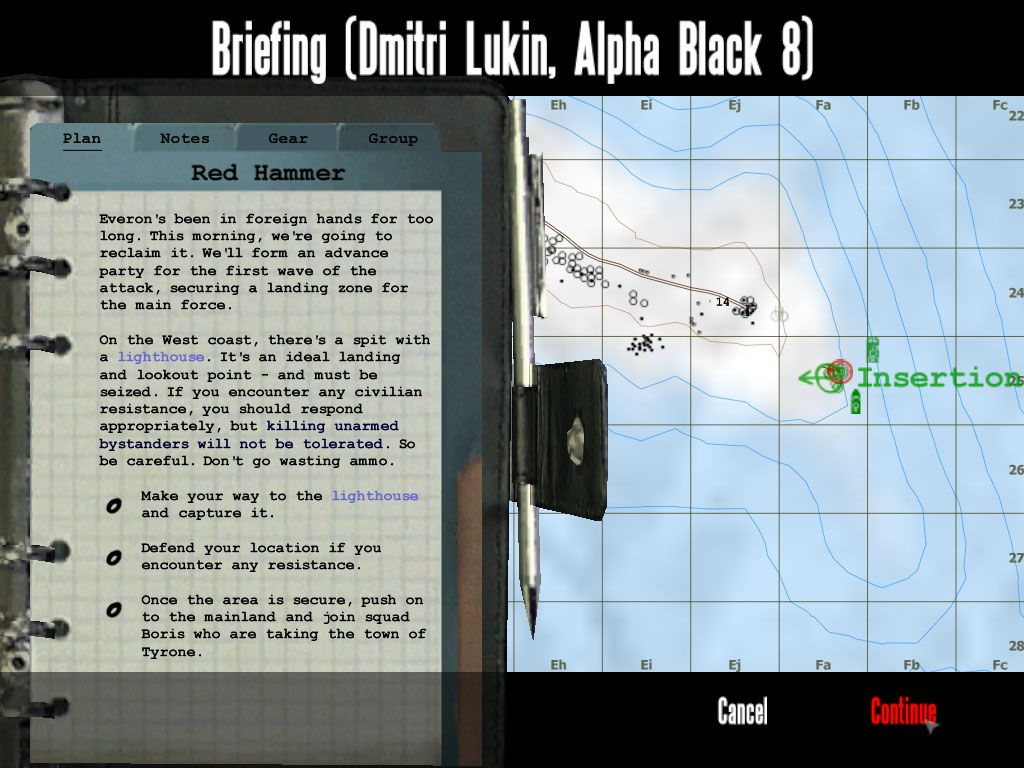 Operation Flashpoint: Cold War Crisis (Windows) screenshot: Briefing of the first Red Hammer mission - don't waste your ammo on civilians.