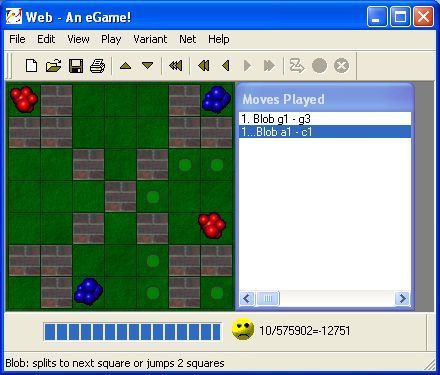 Blobs (Windows) screenshot: A game in progress using the Walls board<br>the small green dots show available jumps for the red piece on the right