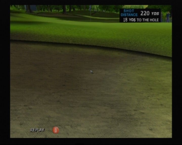 Outlaw Golf (GameCube) screenshot: Yikes, she landed on to the sand pit, there goes up the nervousness level