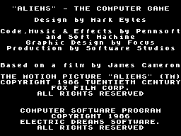 Aliens: The Computer Game (ZX Spectrum) screenshot: Credits+Copyright info