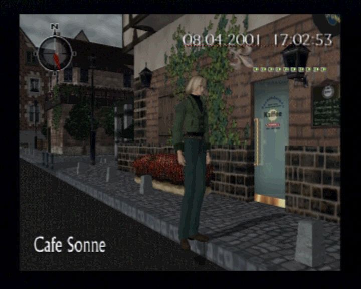 Shadow of Destiny (PlayStation 2) screenshot: Hopping arrow above the door will iondicate whether you may currently enter (or try to) some building.