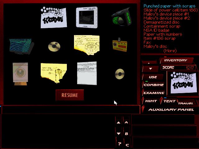 The Pandora Directive (DOS) screenshot: The inventory