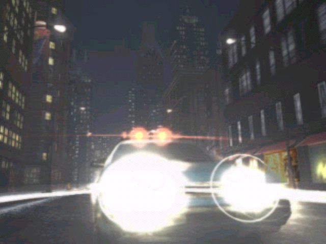 Parasite Eve (PlayStation) screenshot: Police car with Daniel and Aya inside, racing towards the park.