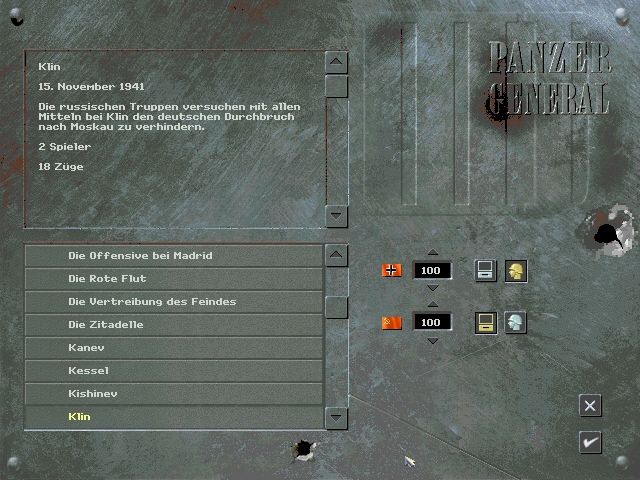 Panzer General II (Windows) screenshot: Scenario selection screen