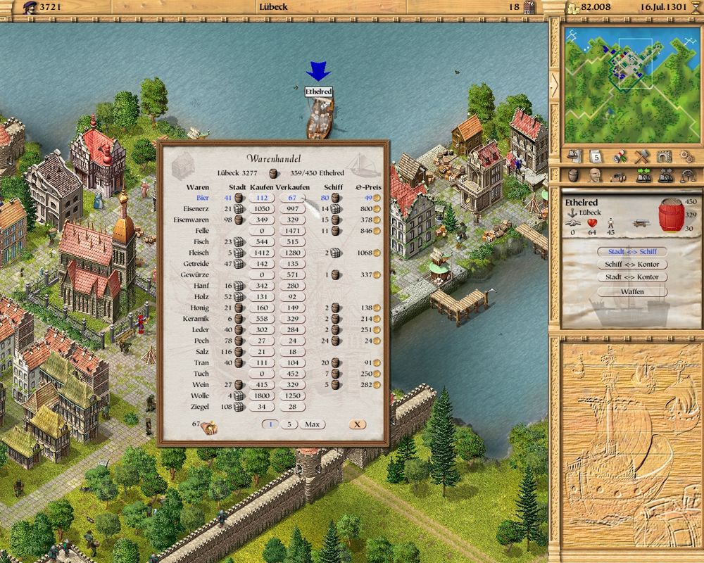 Patrician II: Quest for Power (Windows) screenshot: You can trade plenty of wares in the game. Later on you will be able to produce most of them in your own facilities.