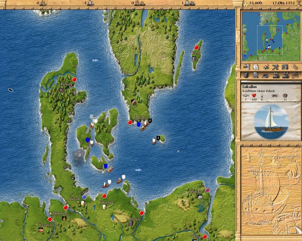 Patrician II: Quest for Power (Windows) screenshot: On open sea, your trading vessels may encounter stormy weather or pirates (black ships).