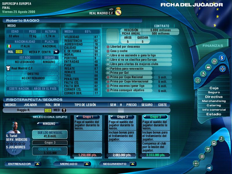 PC Fútbol 2001 (Windows) screenshot: Insurance for R.Baggio