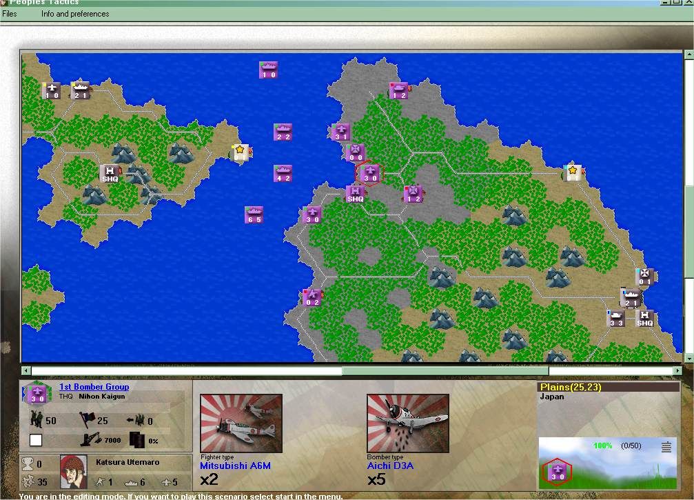 People's Tactics (Windows) screenshot: Japanese troops, aircraft and navy try to capture the Hawaii islands