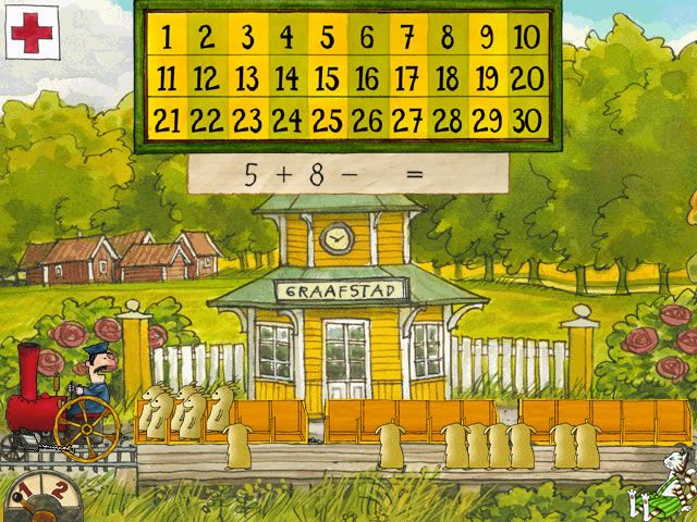 Pettson o Findus och mucklornas värld (Windows) screenshot: Maths and trains! The handle in the bottom left corner changes the difficulty.