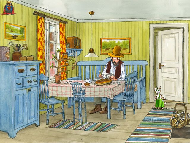 Pettson o Findus och mucklornas värld (Windows) screenshot: Pettson is reading in the kitchen.