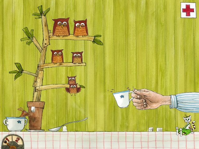 Pettson o Findus och mucklornas värld (Windows) screenshot: Choose the owl with the correct weight to launch the sugar cubes into the cup.