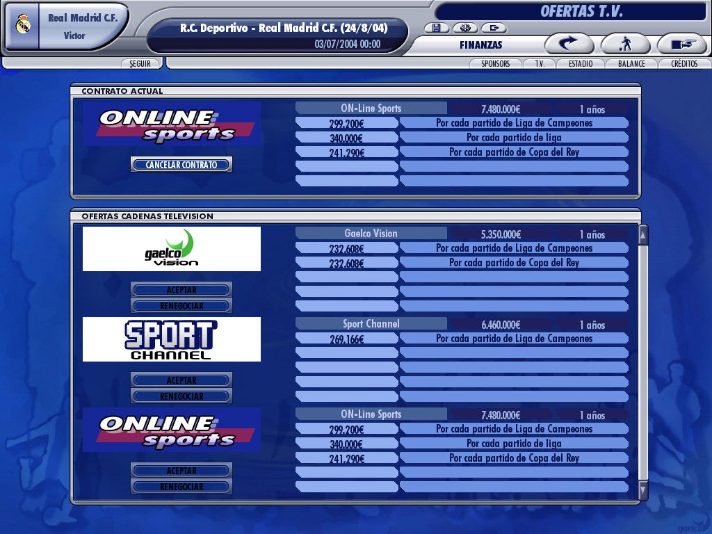 PC Fútbol 2005 (Windows) screenshot: Choosing TV offers