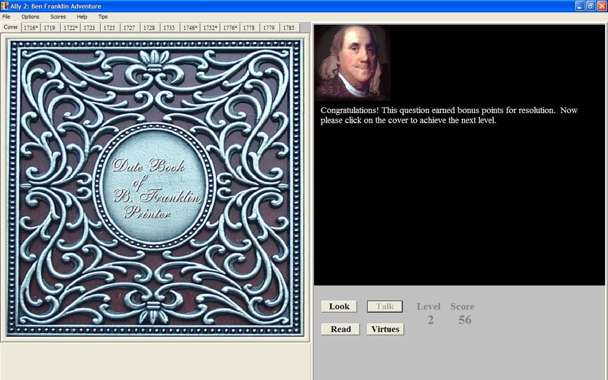 Ally 2: Ben Franklin Adventure (Windows) screenshot: Answering the question correctly returns the player to Benjamin. The player must then solve another card based puzzle before being assigned another task.