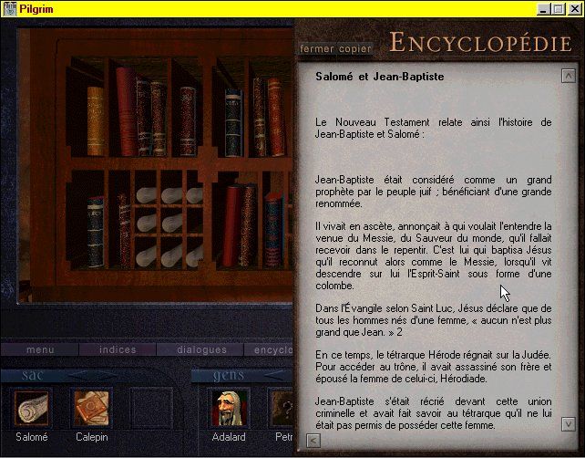 Pilgrim: Faith as a Weapon (Windows) screenshot: Trying to solve the first riddle with the encyclopedia of the game.