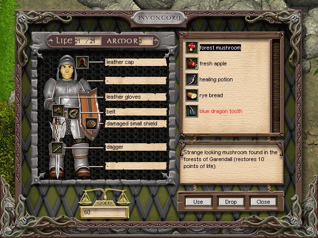 Pillars of Garendall (Windows) screenshot: Character Inventory Screen