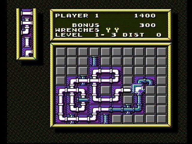 Pipe Dream (NES) screenshot: Earn bonus points for water that loops over itself