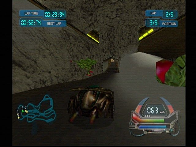 POD SpeedZone (Dreamcast) screenshot: Tracks have moving hazards.