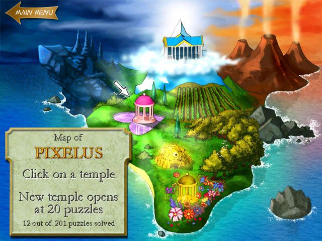 Pixelus Deluxe (Windows) screenshot: The overview map, new locations are unlocked when a certain amount of puzzles is solved.