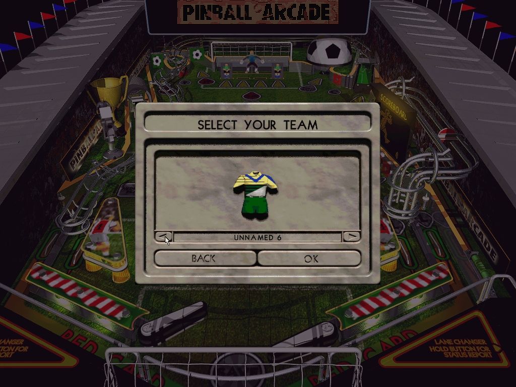 Platinum Pinball (Windows) screenshot: World League lets you choose from 50 uniforms for the players on the bumpers and your team colors.