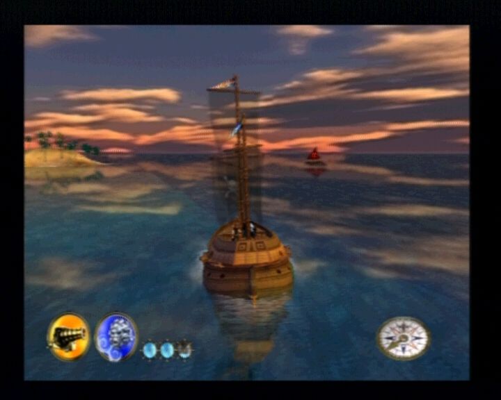 Pirates: The Legend of Black Kat (PlayStation 2) screenshot: Sometimes, enemy ships will try to escape, and you'll have to use a special wind ability to get closer.