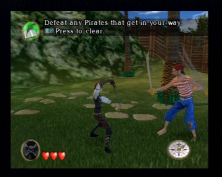 Pirates: The Legend of Black Kat (PlayStation 2) screenshot: You can either attack or block enemy attacks with sword and a dagger.