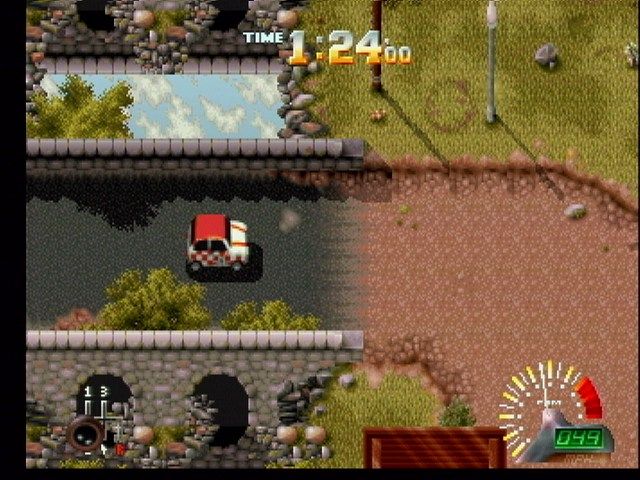 Power Drive Rally (Jaguar) screenshot: A bridge over nifty water effects