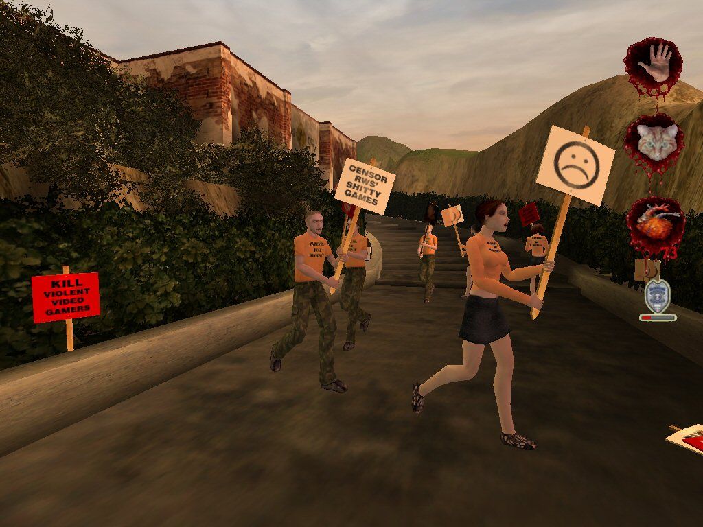Postal² (Windows) screenshot: Protesters. Gotta hate 'em.