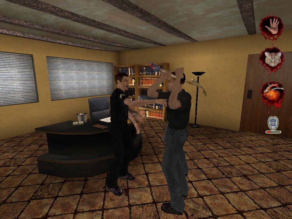 Postal² (Windows) screenshot: He just fired me, yet he still attacks the cop for me. Gotta love your friends.