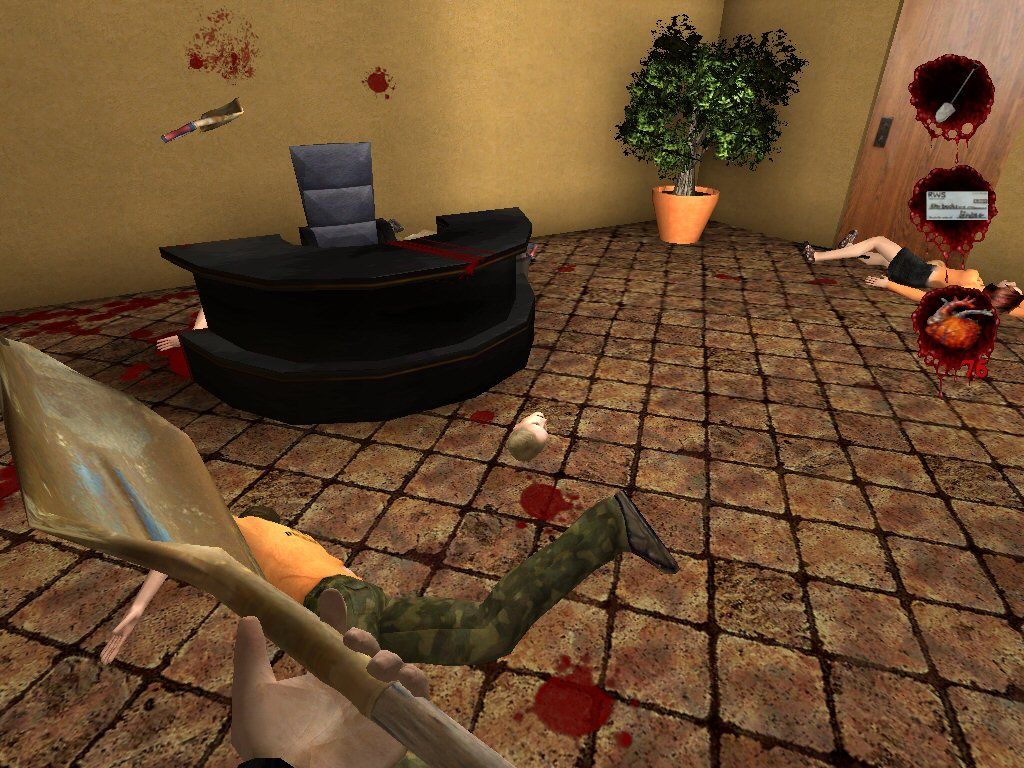 Postal² (Windows) screenshot: Wow, the shovel is pretty powerful. Took that protester's head off.