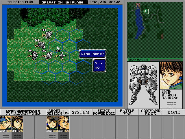 Power Dolls (DOS) screenshot: Using 3 artillery units means all my air force pilots must fly transport instead of fighter support.