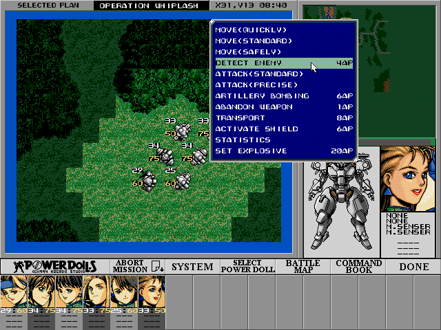 Power Dolls (DOS) screenshot: My scout has sacrificed firepower for extra scanning equipment. She can't hit a barn door anyway.