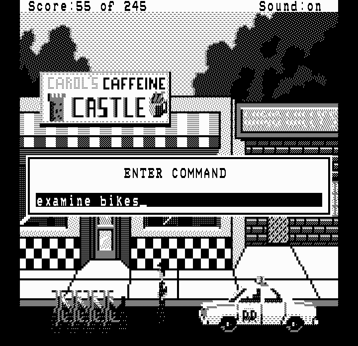 Police Quest: In Pursuit of the Death Angel (DOS) screenshot: Hmm, bikes; could their owners be causing a ruckus in that nearby bar? (Hercules Monochrome)